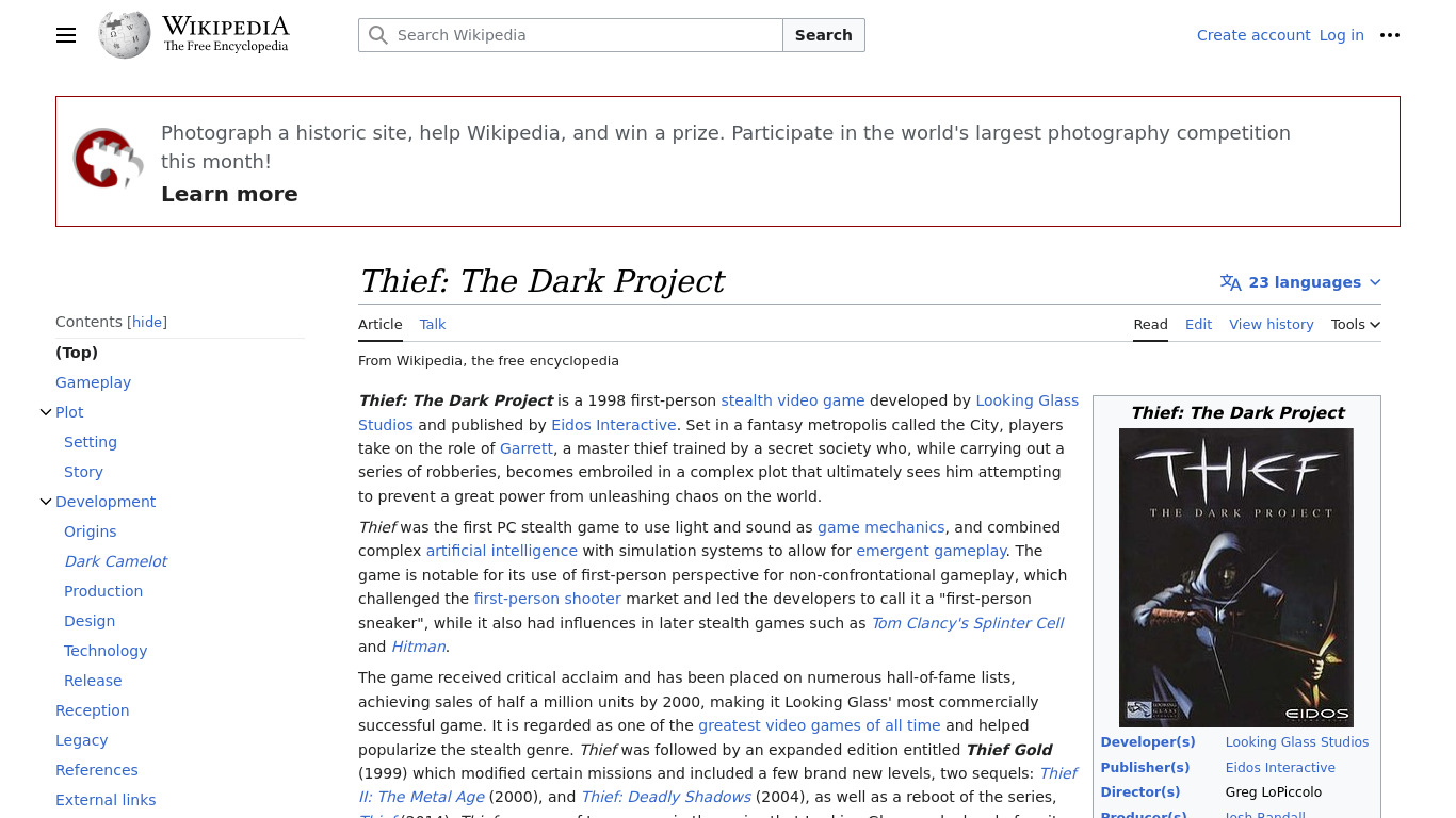 Thief: The Dark Project Landing page