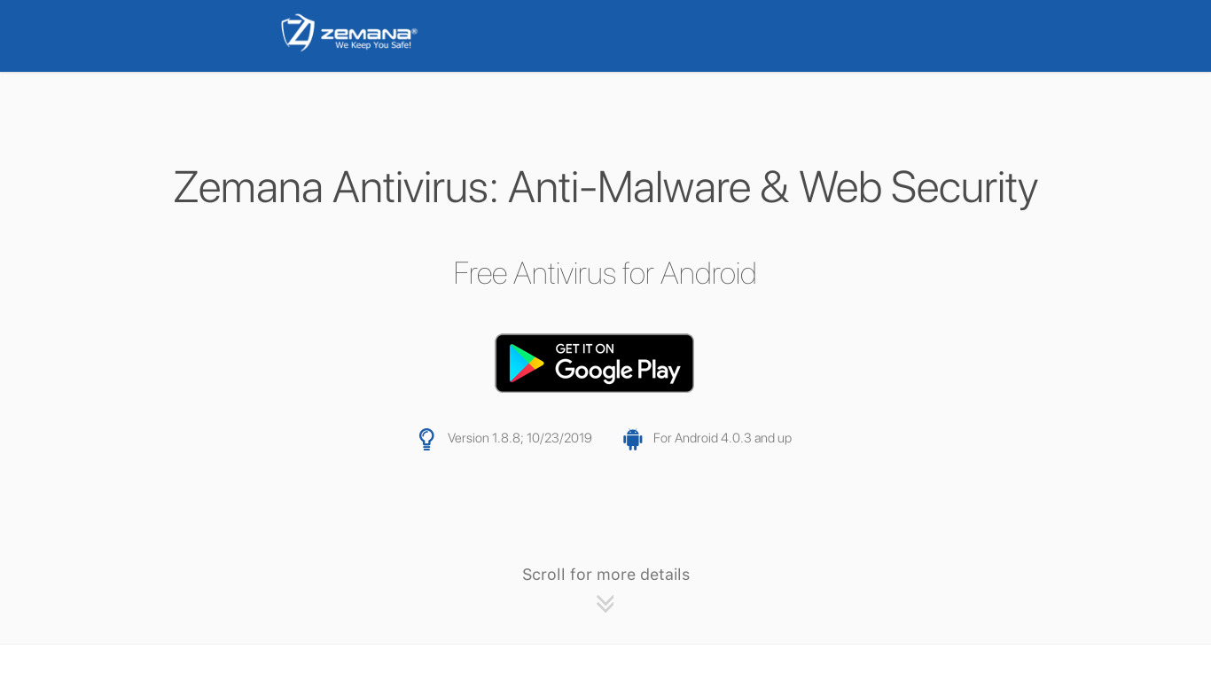 Zemana Mobile Antivirus Landing page