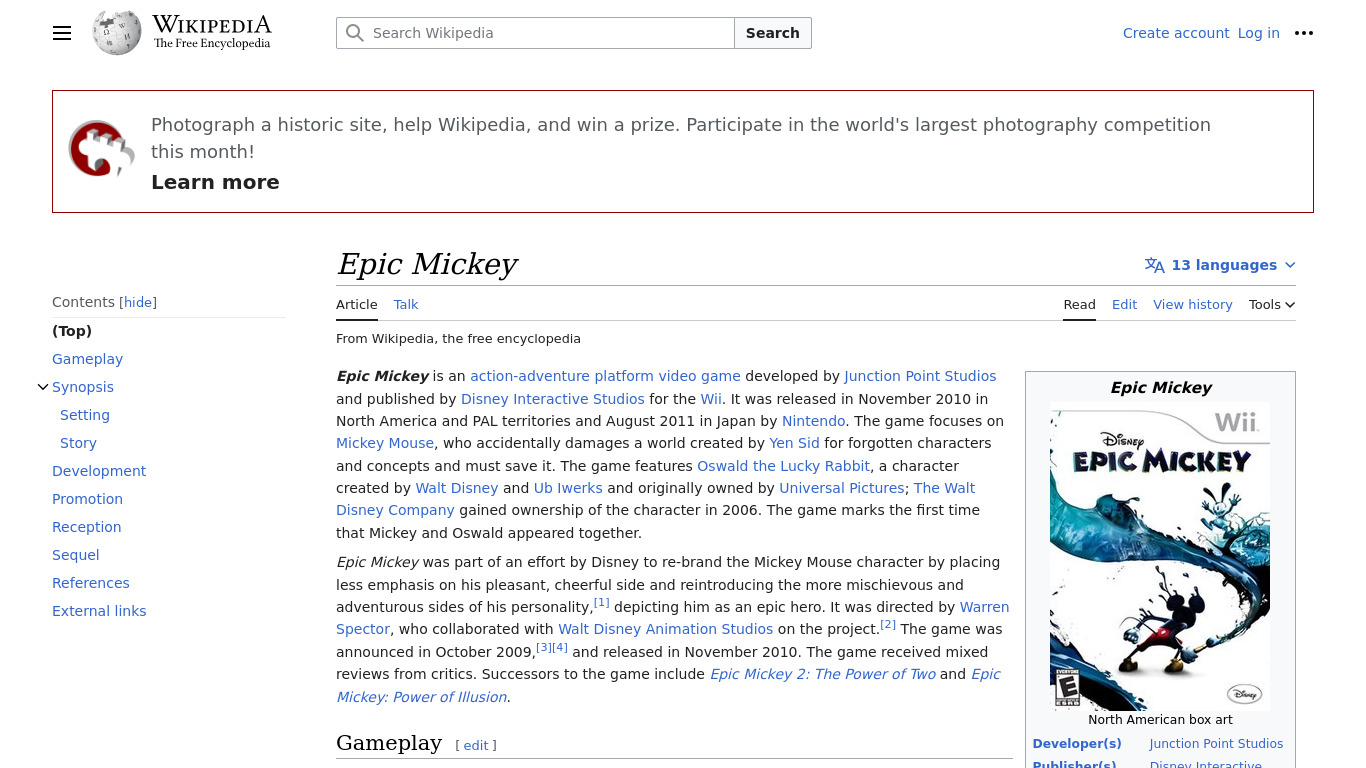 Epic Mickey Landing page