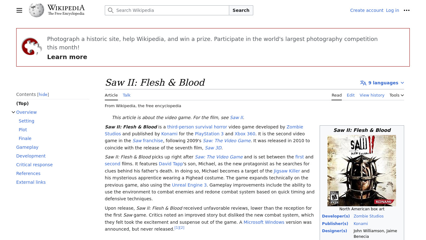 Saw II: Flesh & Blood Landing page