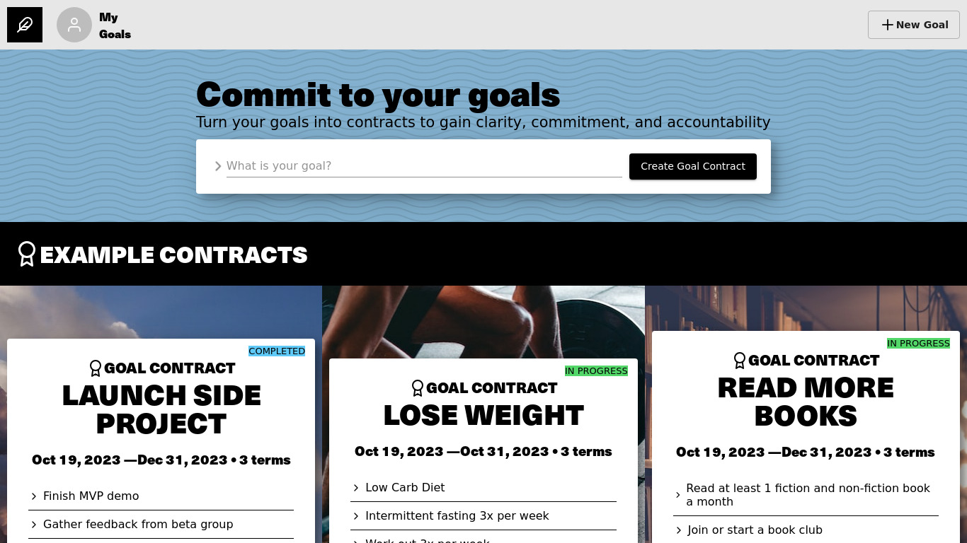 Goal Contracts Landing page