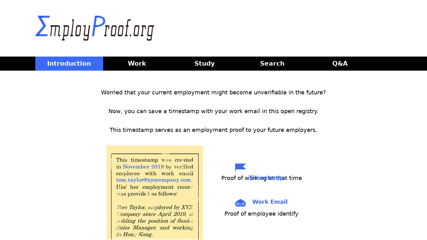 EmployProof.org Landing page