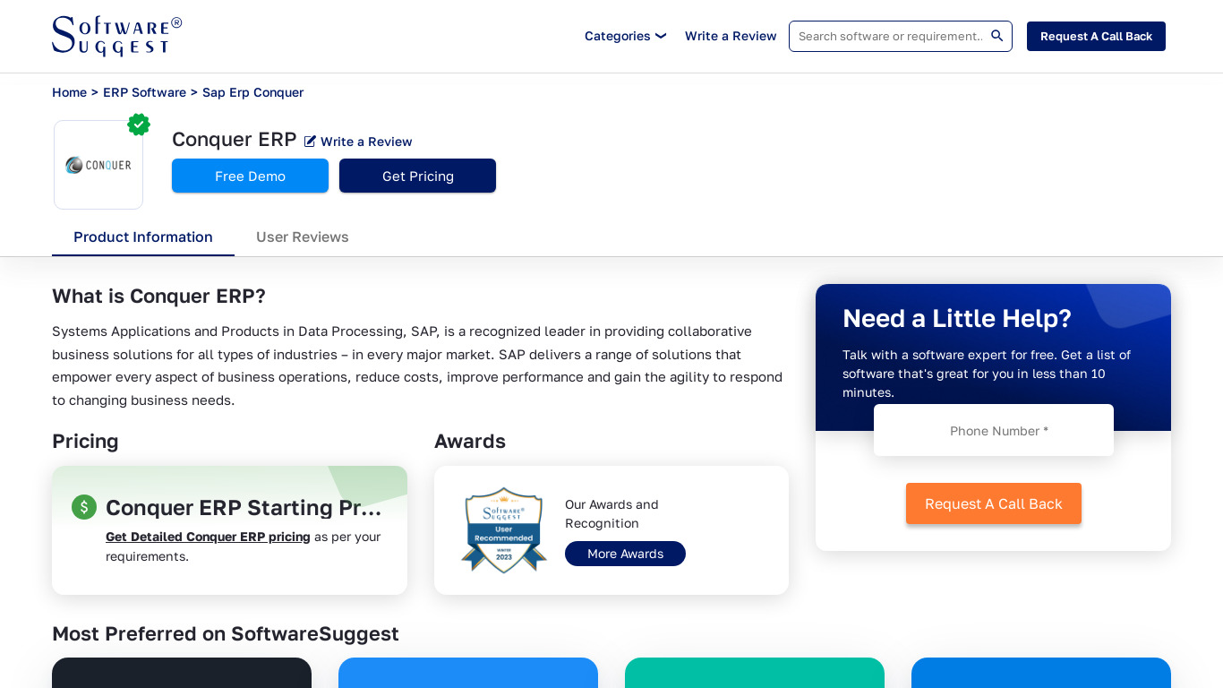 Conquer ERP Landing page
