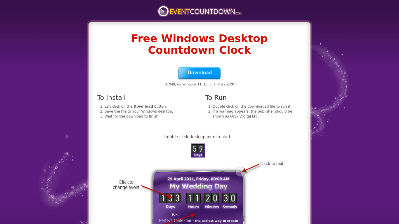 Free Windows Countdown Clock Landing page