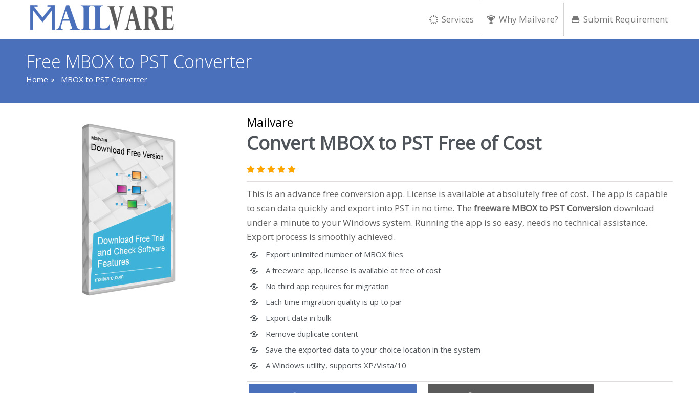 MailVare MBOX to PST Converter Landing page