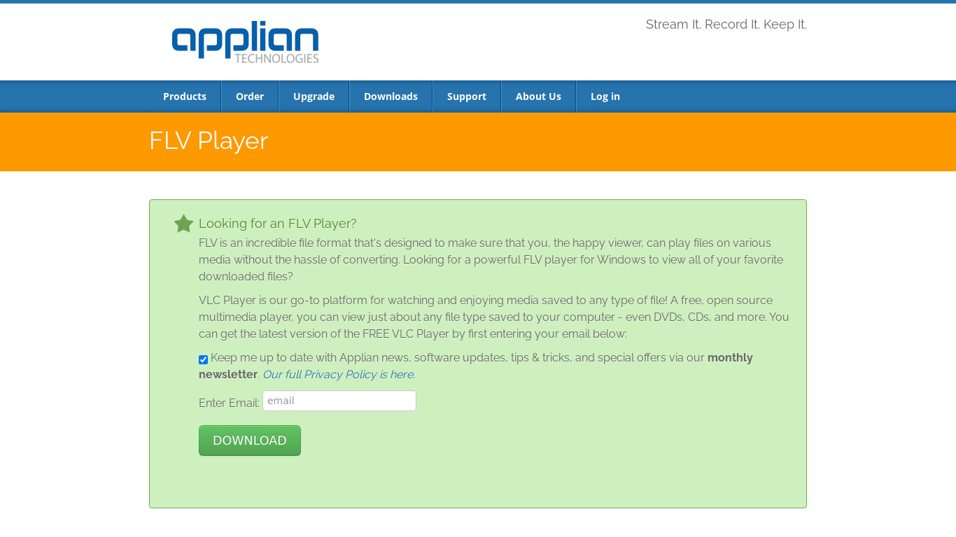 Applian FLV Player Landing page