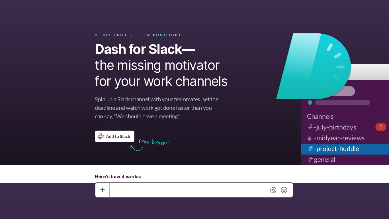 Dash for Slack Landing page