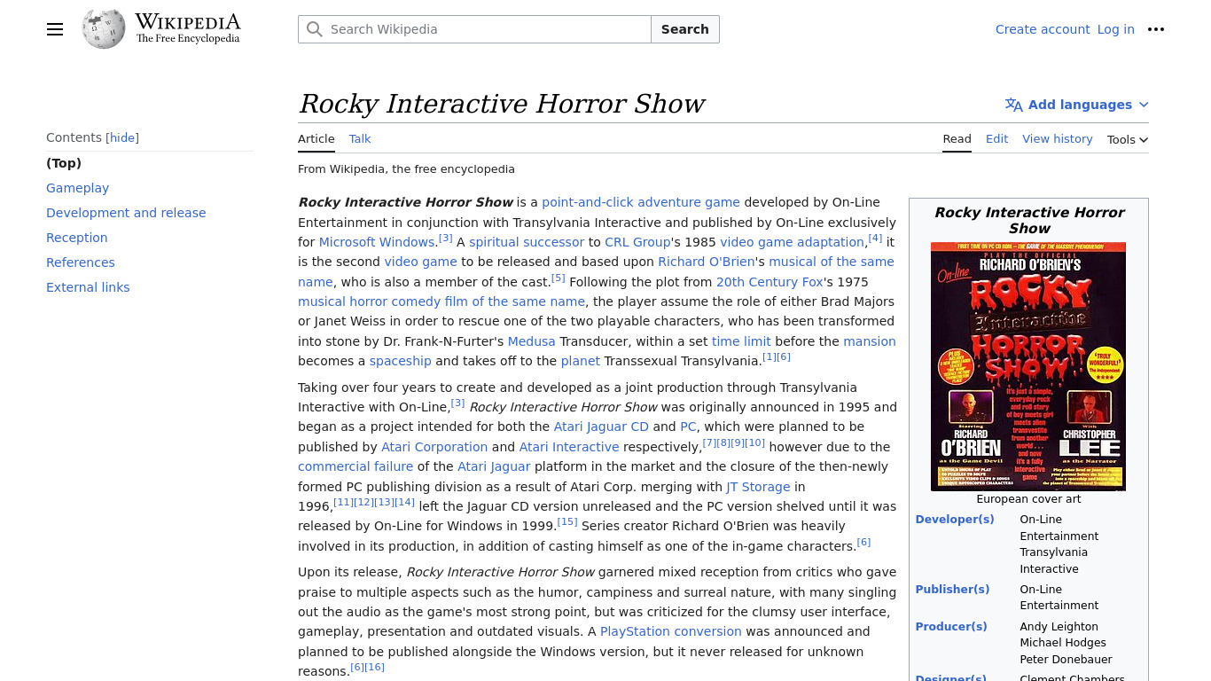 Rocky Interactive Horror Show Landing page