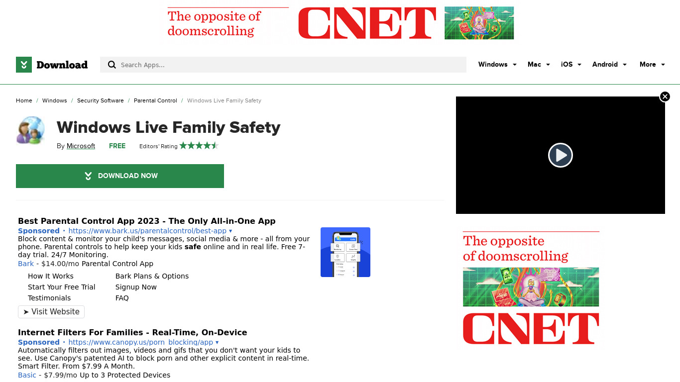 Windows Live Family Safety Landing page