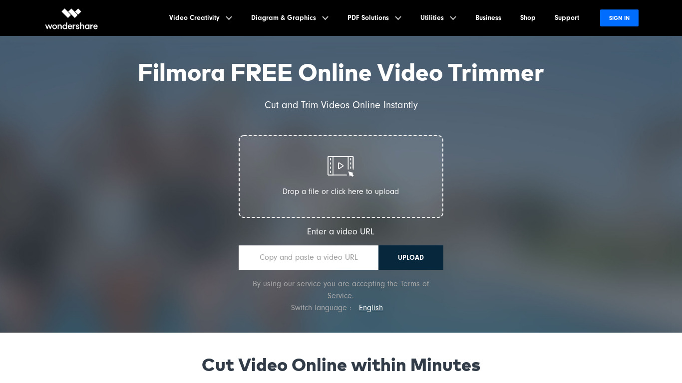 Filmora Free Video Trimmer Landing page