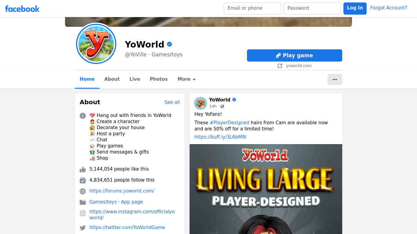 Yoville (YoWorld) Landing page