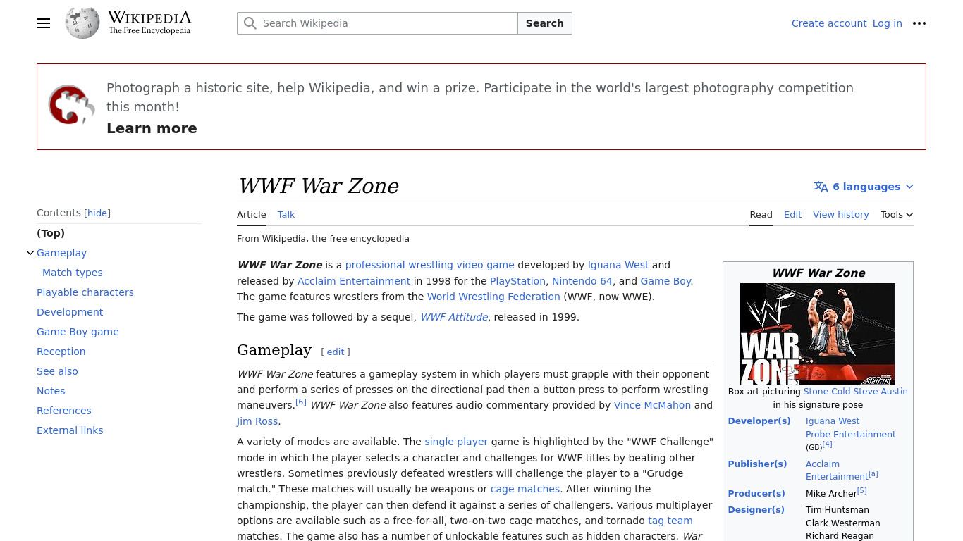 WWF War Zone Landing page