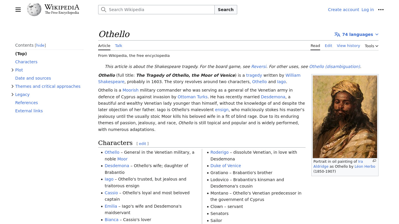 Othello Landing page