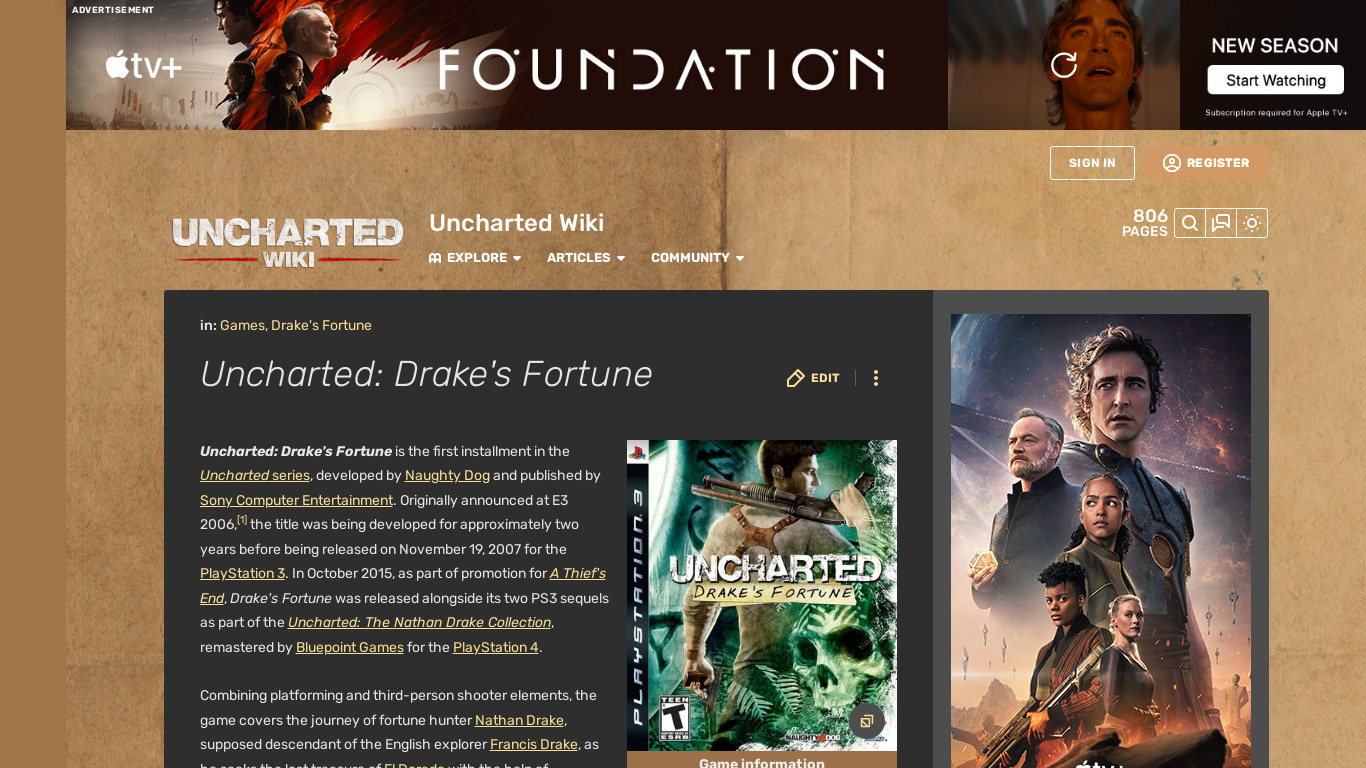 Uncharted: Drake’s Fortune Landing page