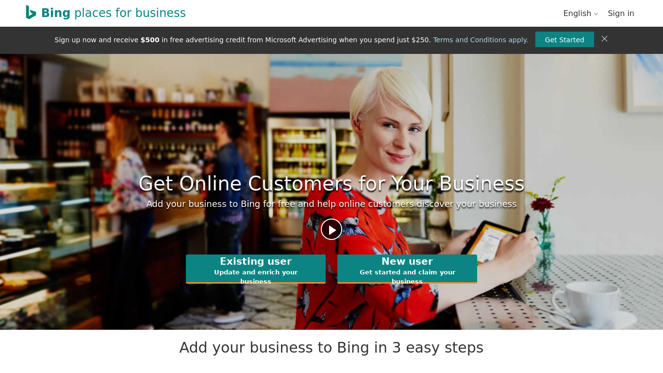 Bing Places for Business Landing page