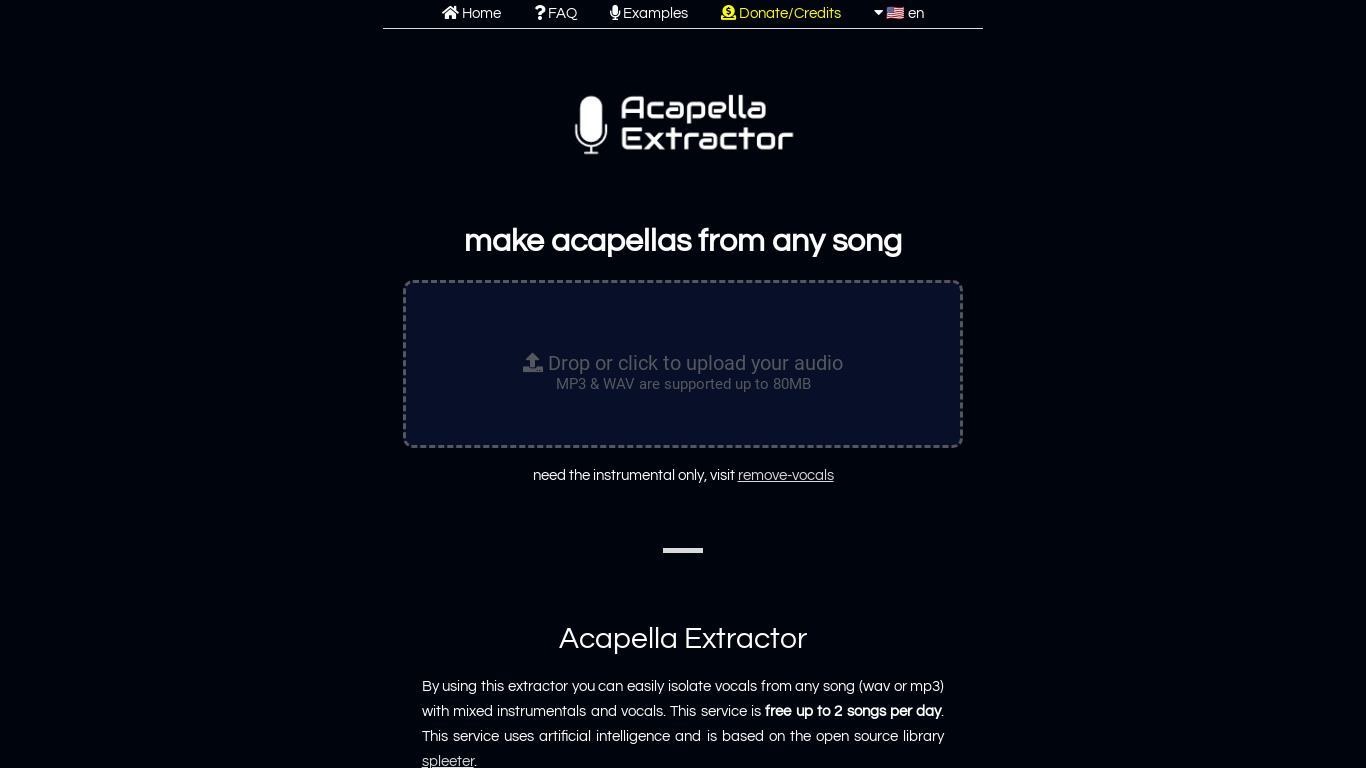 Acapella Extractor Landing page