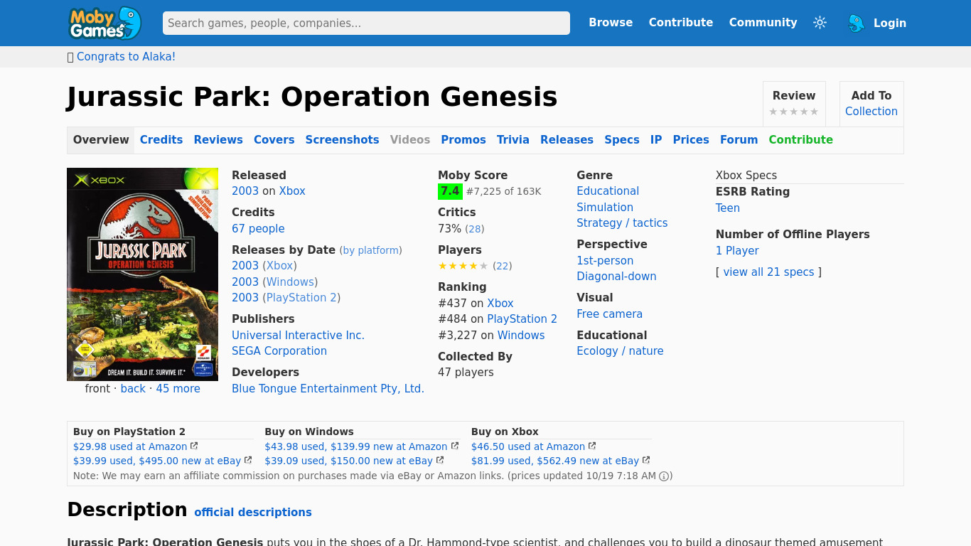Jurassic Park: Operation Genesis Landing page