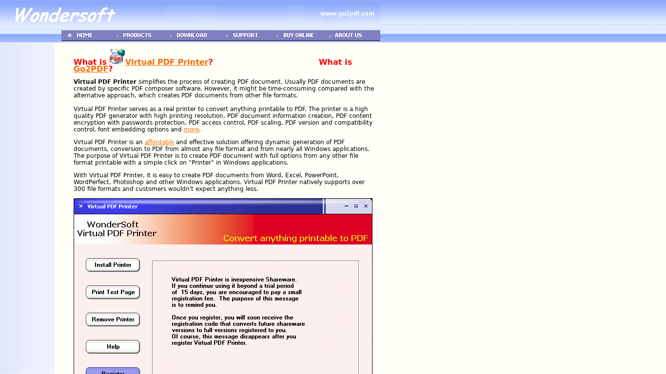 Wondersoft Virtual PDF Printer Landing page