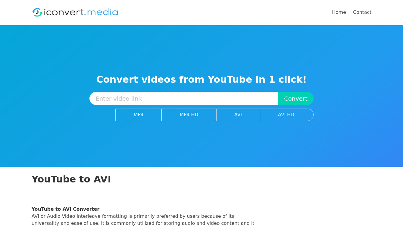 iconvert.media AVI YouTube converter Landing page