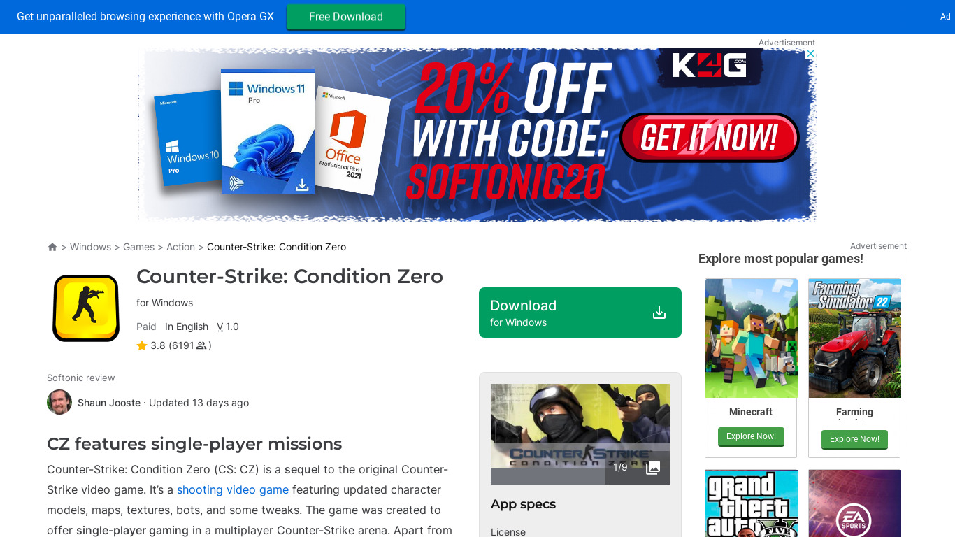 Counter Strike Condition Zero Landing page