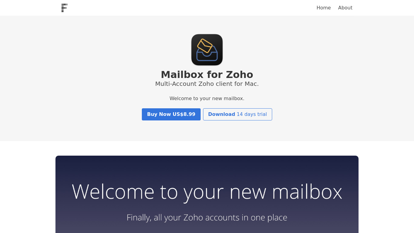 Mailbox for Zoho Landing page