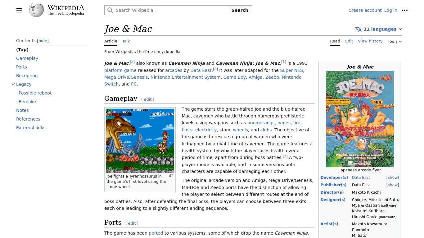 Joe and Mac: Caveman Ninja Landing page
