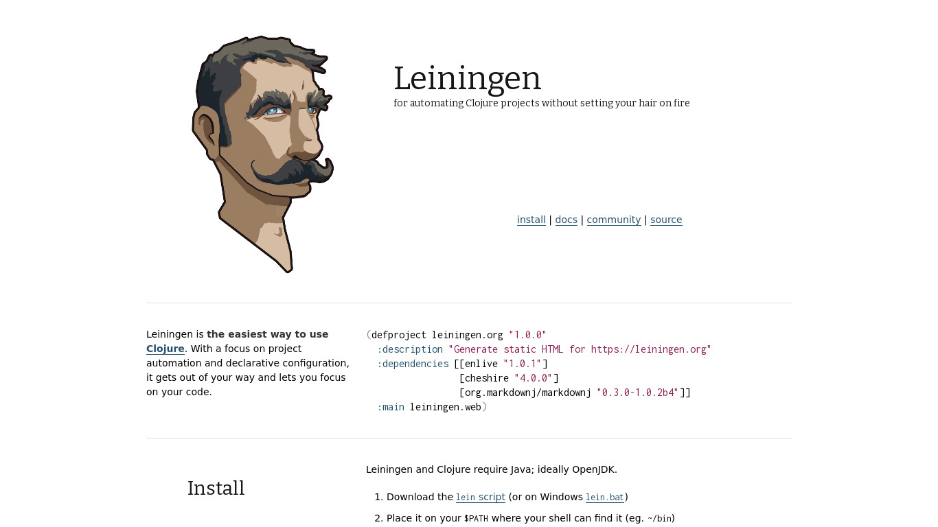 Leiningen Landing page
