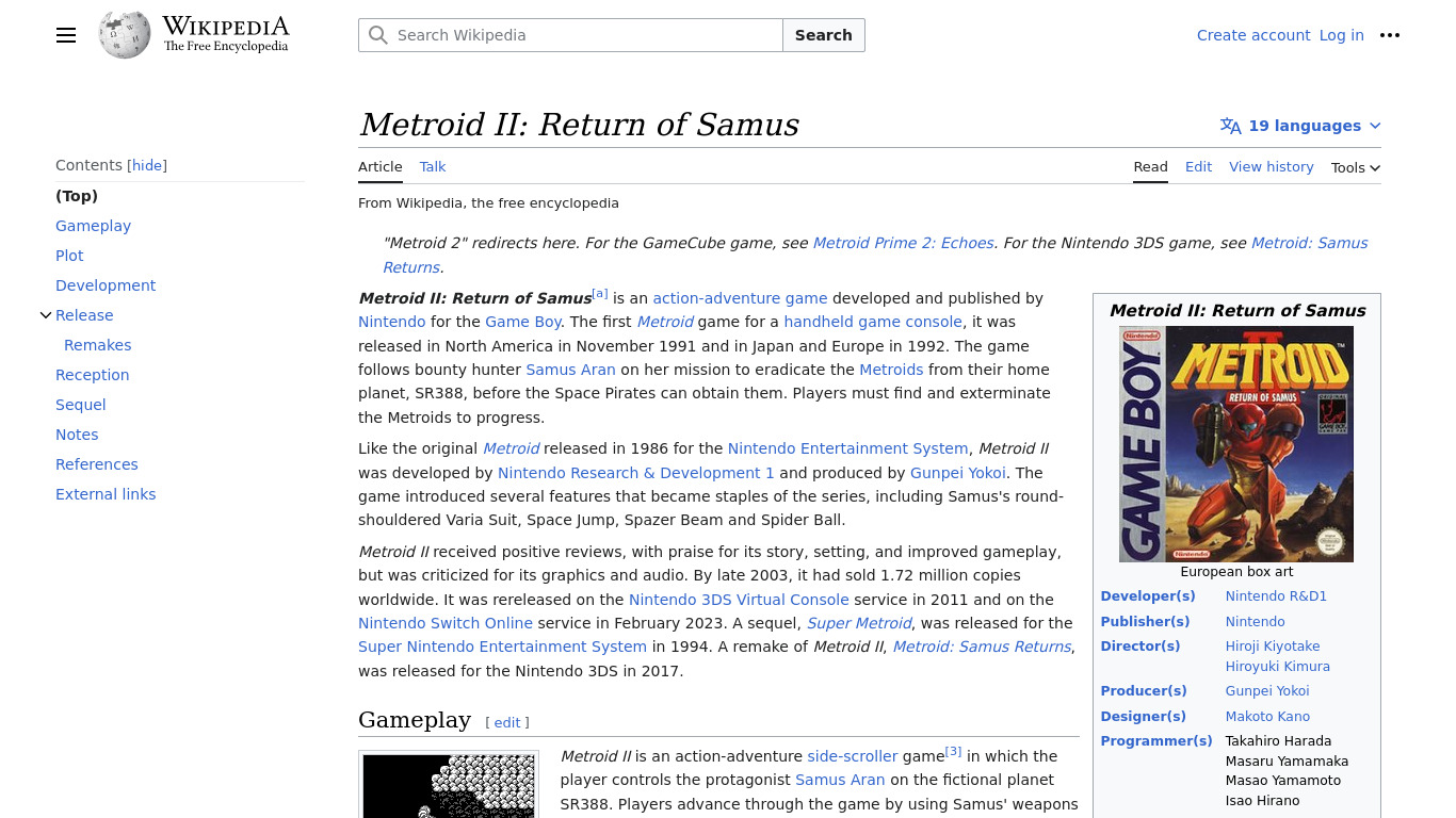 Metroid II: Return of Samus Landing page