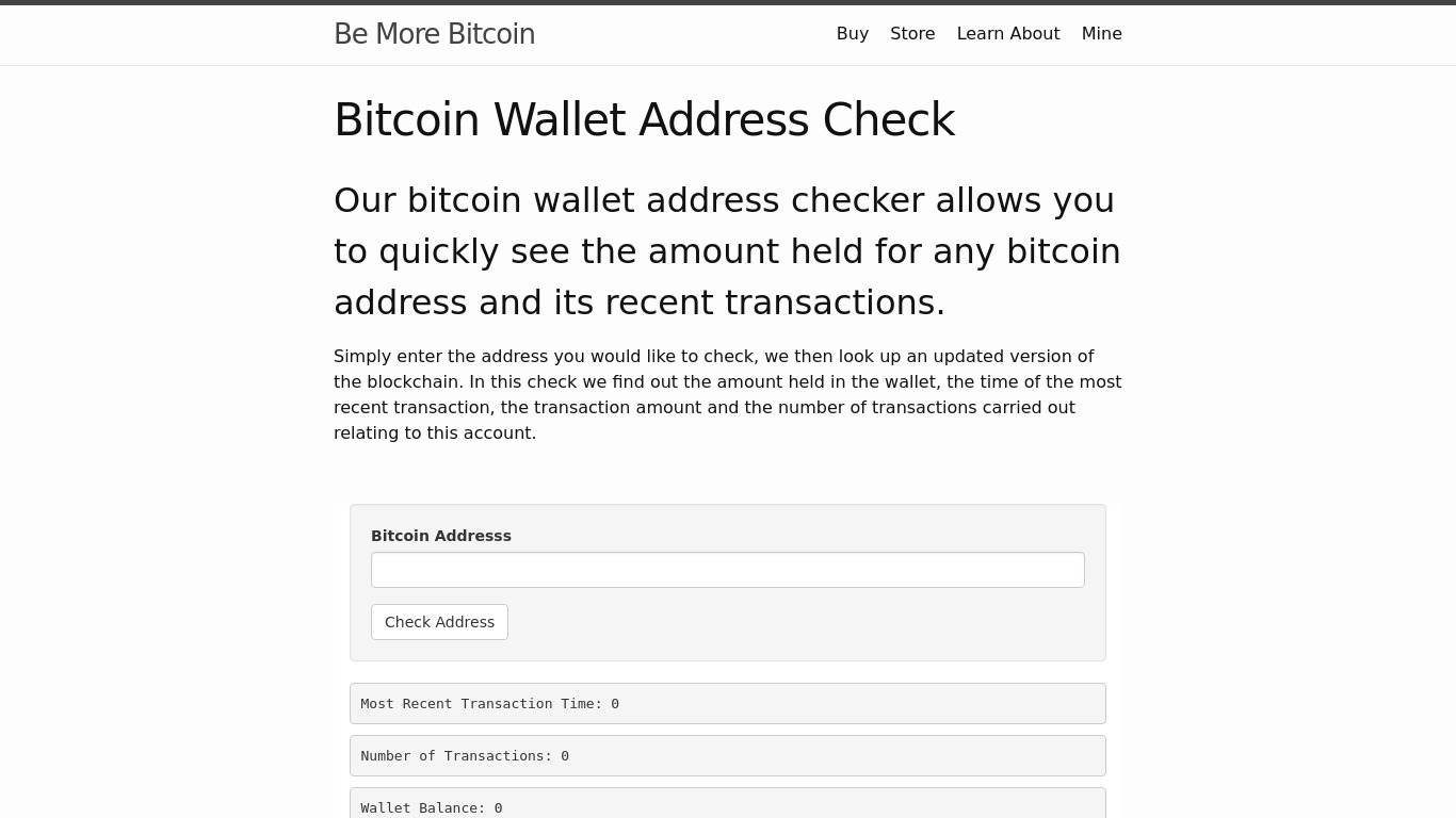 BeMoreBitcoin Bitcoin Wallet LookUp Landing page