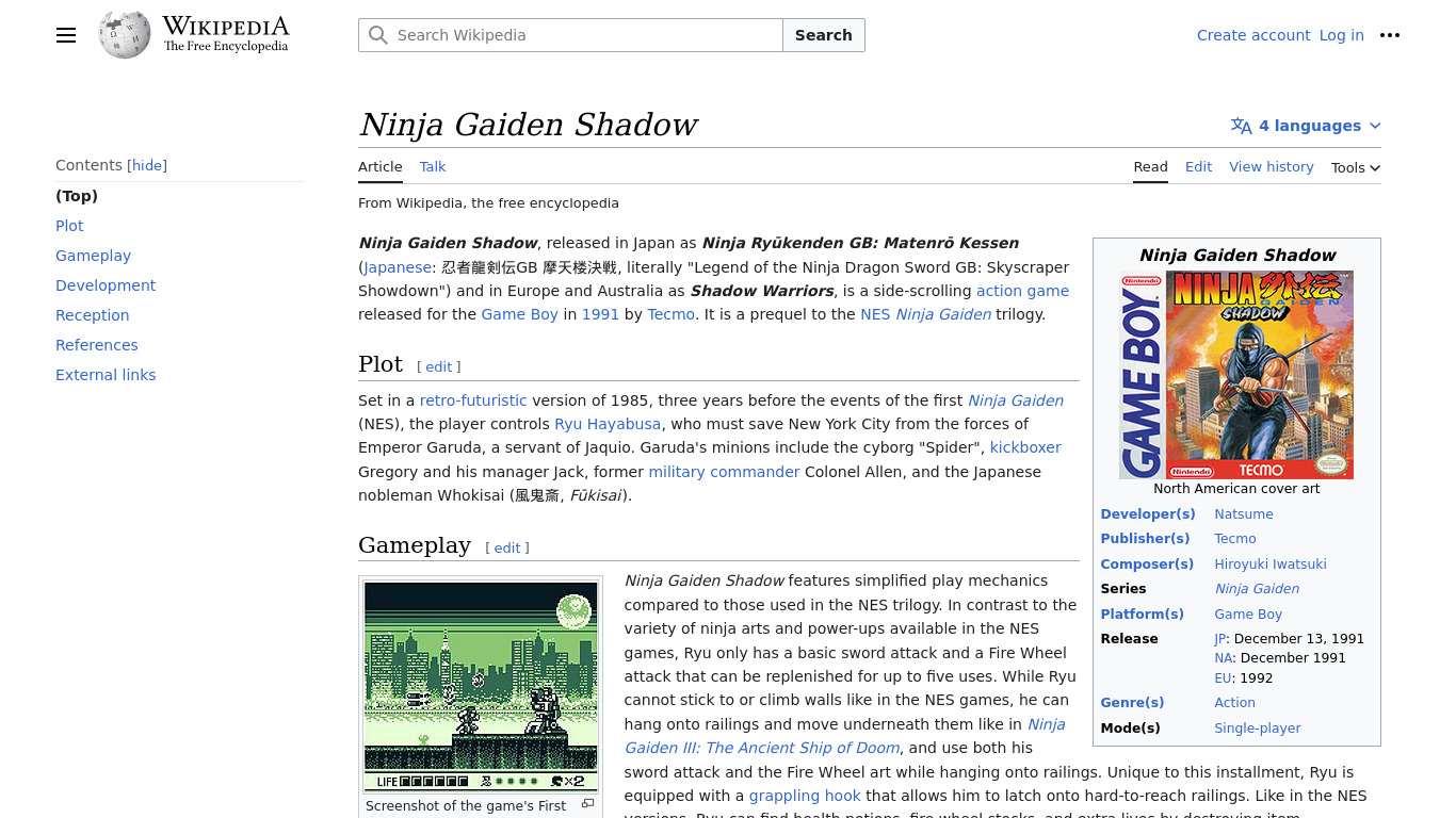 Ninja Gaiden Shadow Landing page