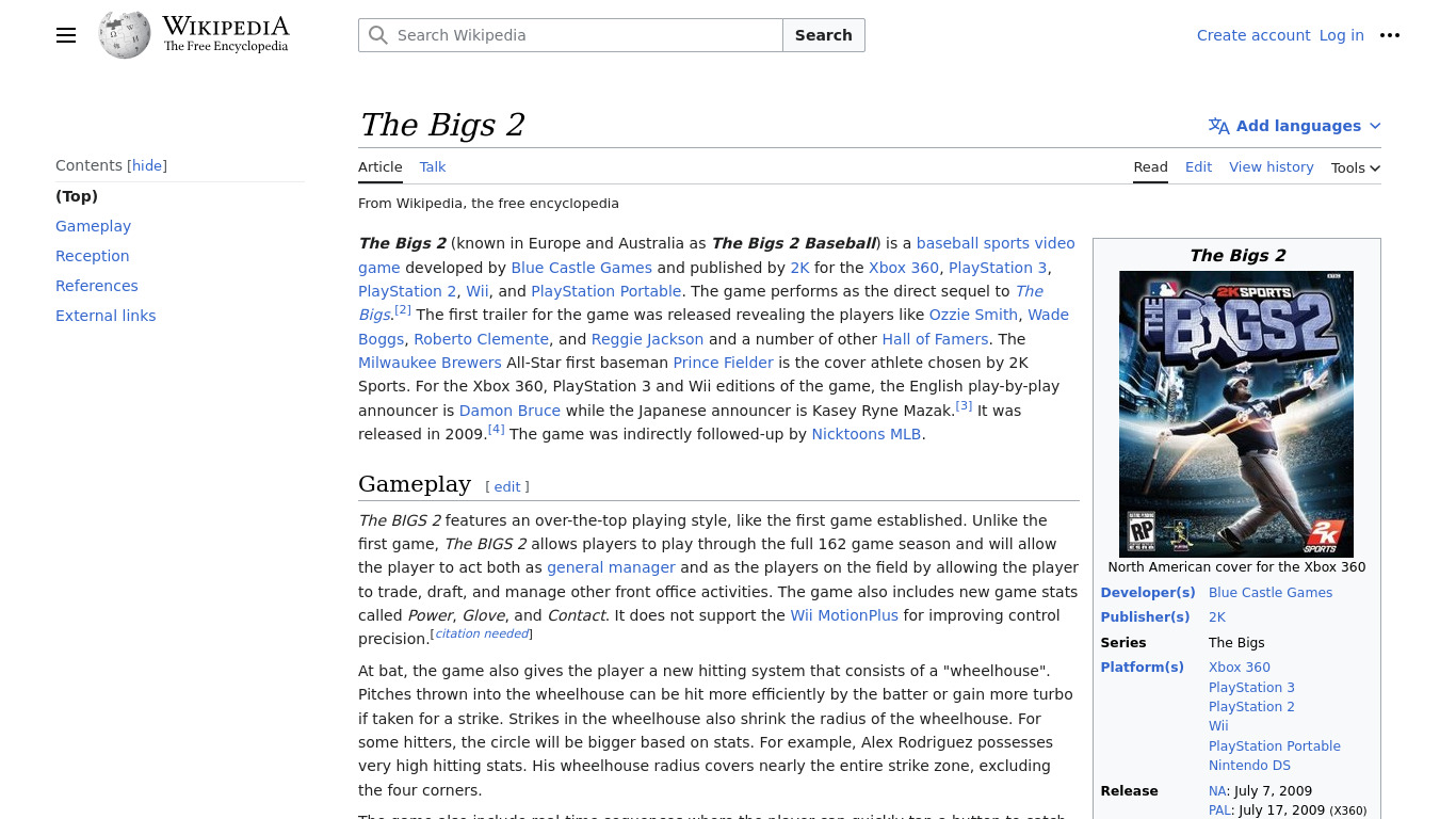 The Bigs 2 Landing page