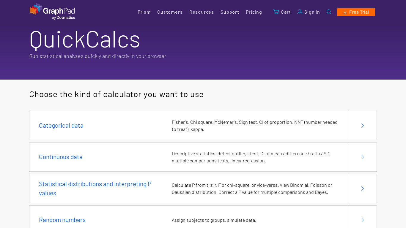 QuickCalcs Landing page