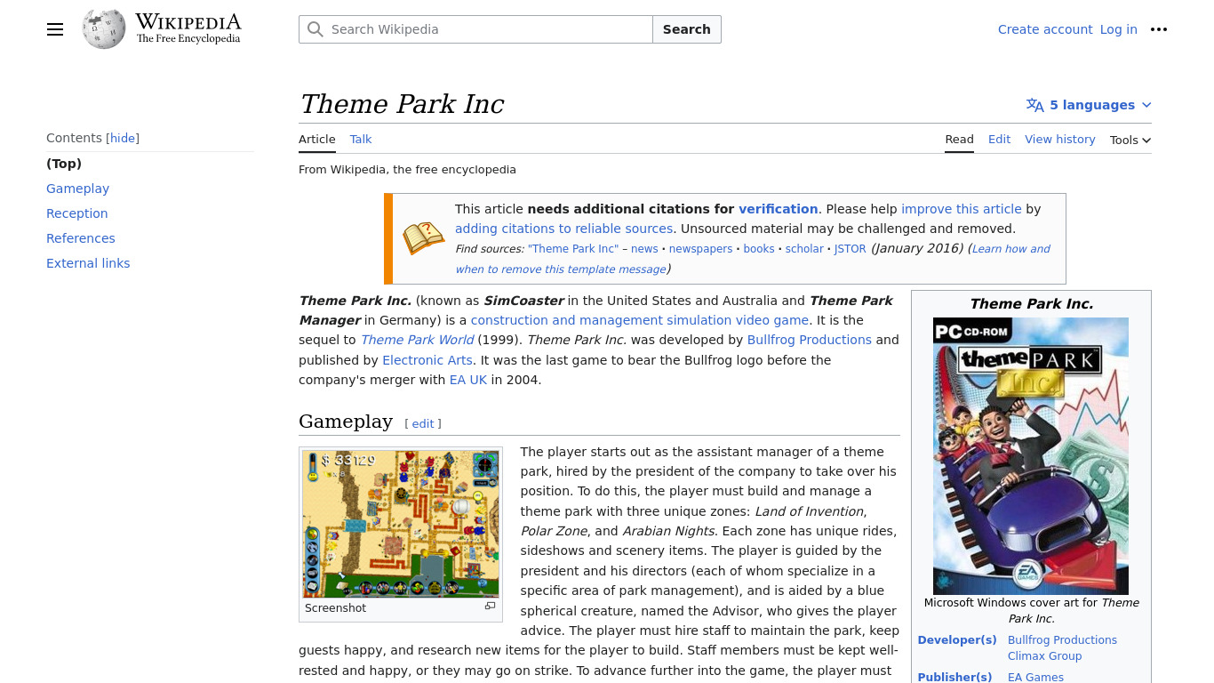 Theme Park Inc Landing page