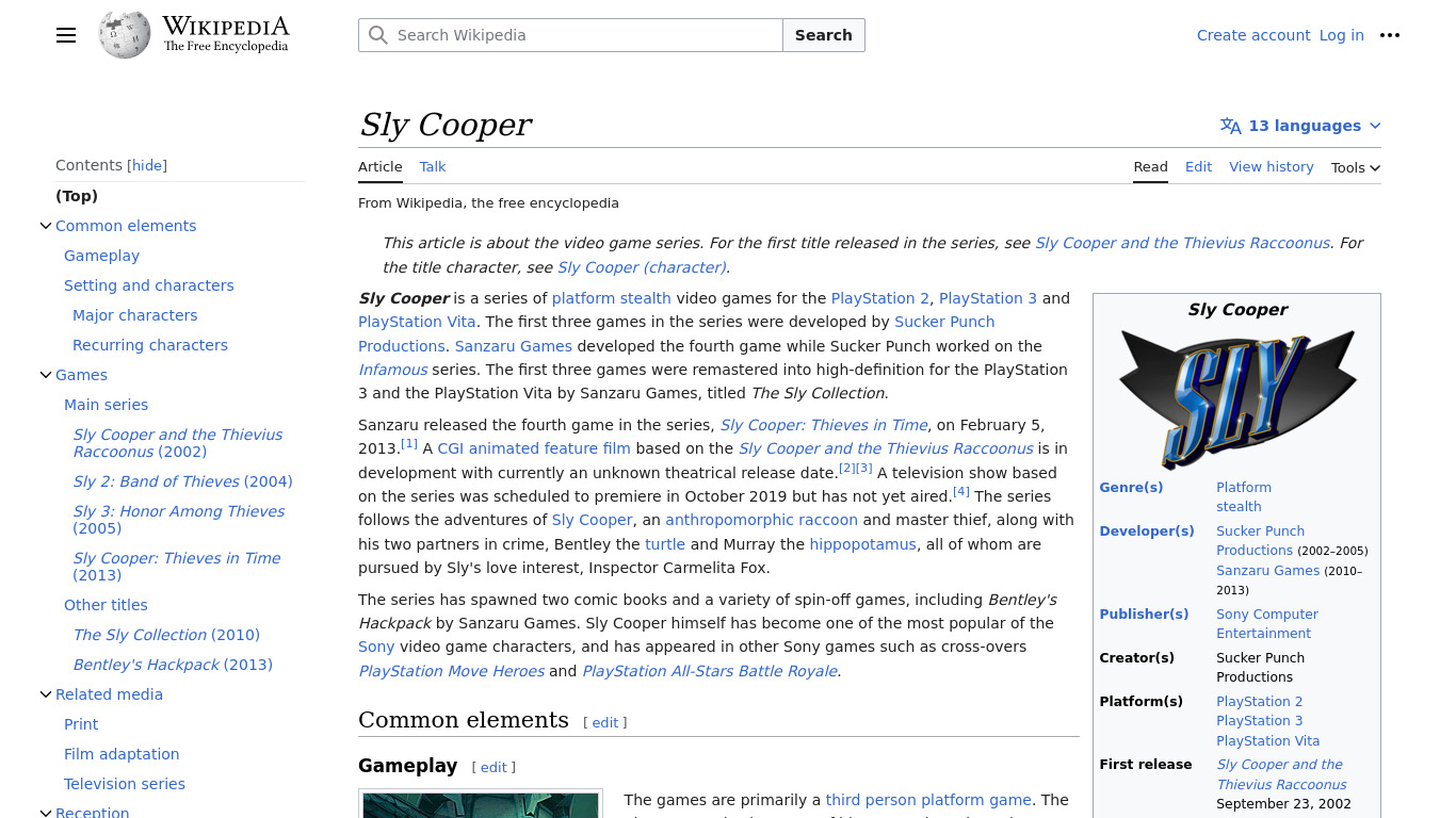 Sly Cooper Landing page