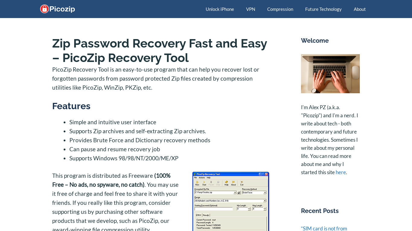 PicoZip Recovery Tool Landing page