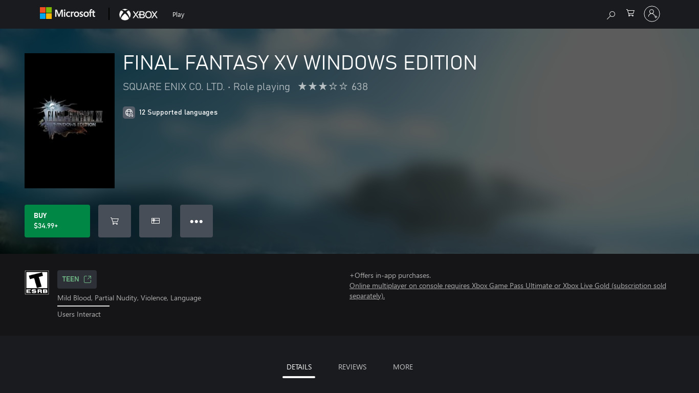 Final Fantasy XV Windows Edition Landing page