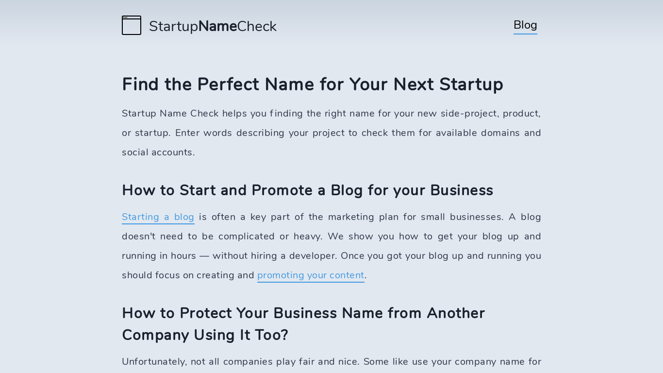 Startup name check Landing page