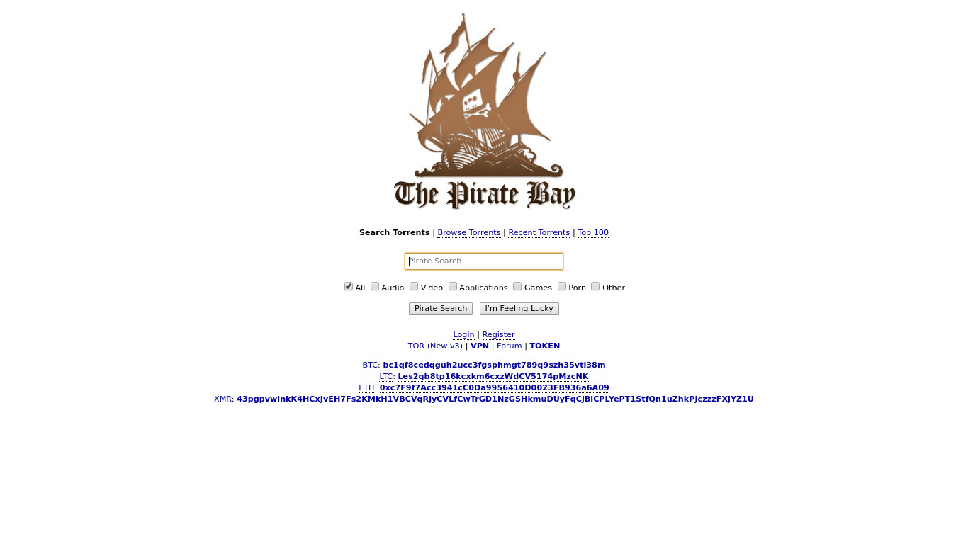 The Pirate Bay Landing page