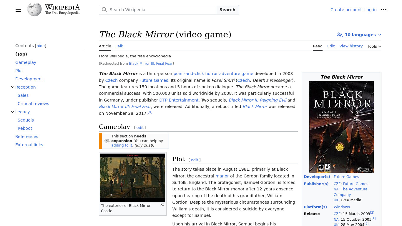 Black Mirror III: Final Fear Landing page