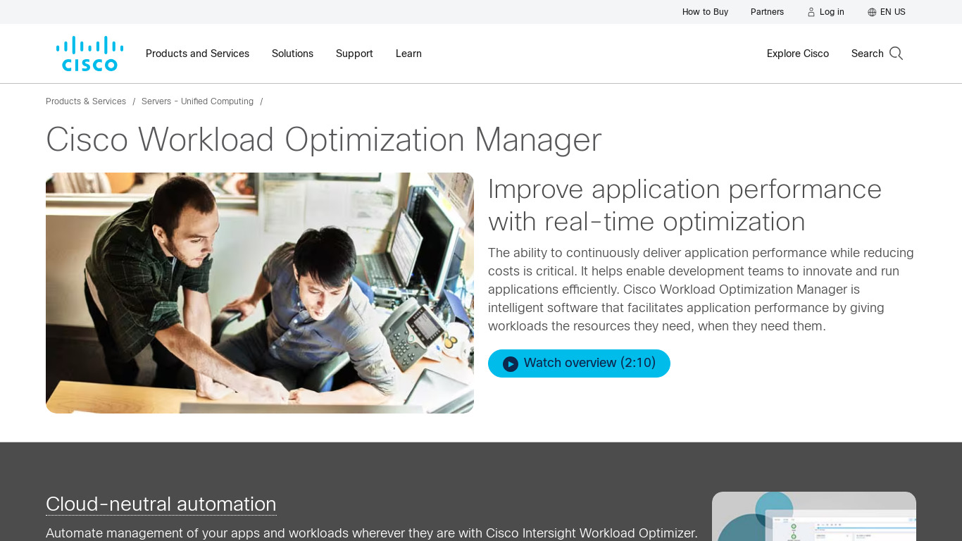 Cisco Workload Optimization Manager Landing page