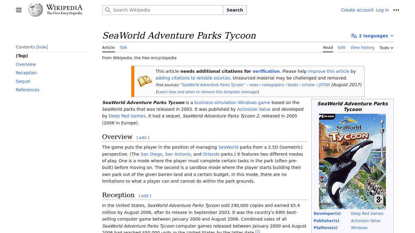 SeaWorld Adventure Parks Tycoon Landing page