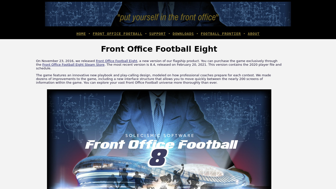 Front Office Football Eight Landing page