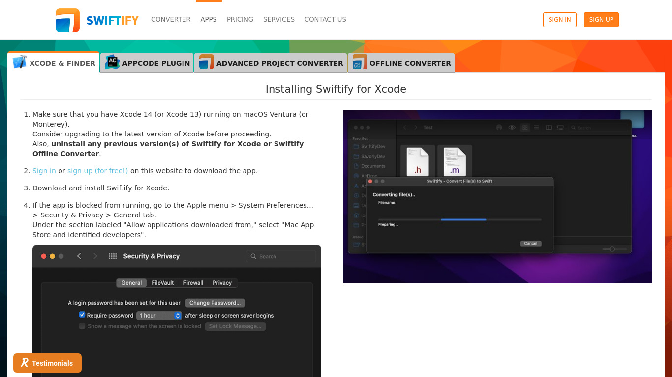 Swiftify Xcode Extension Landing page