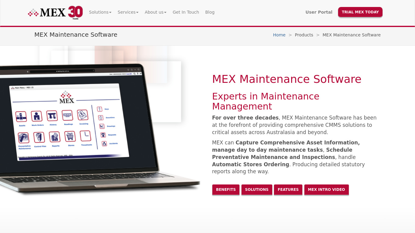 MEX Maintenance Software Landing page
