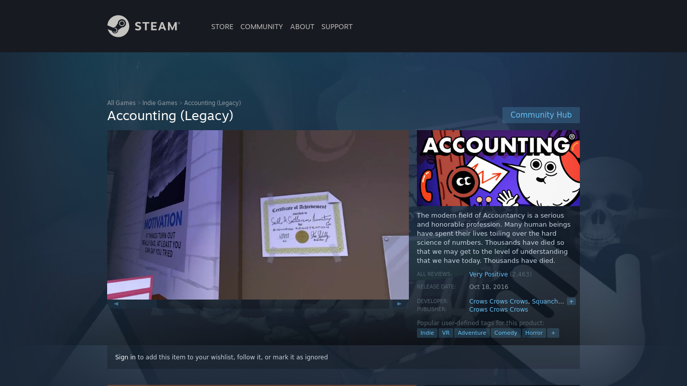 Accounting (Legacy) Game Landing page