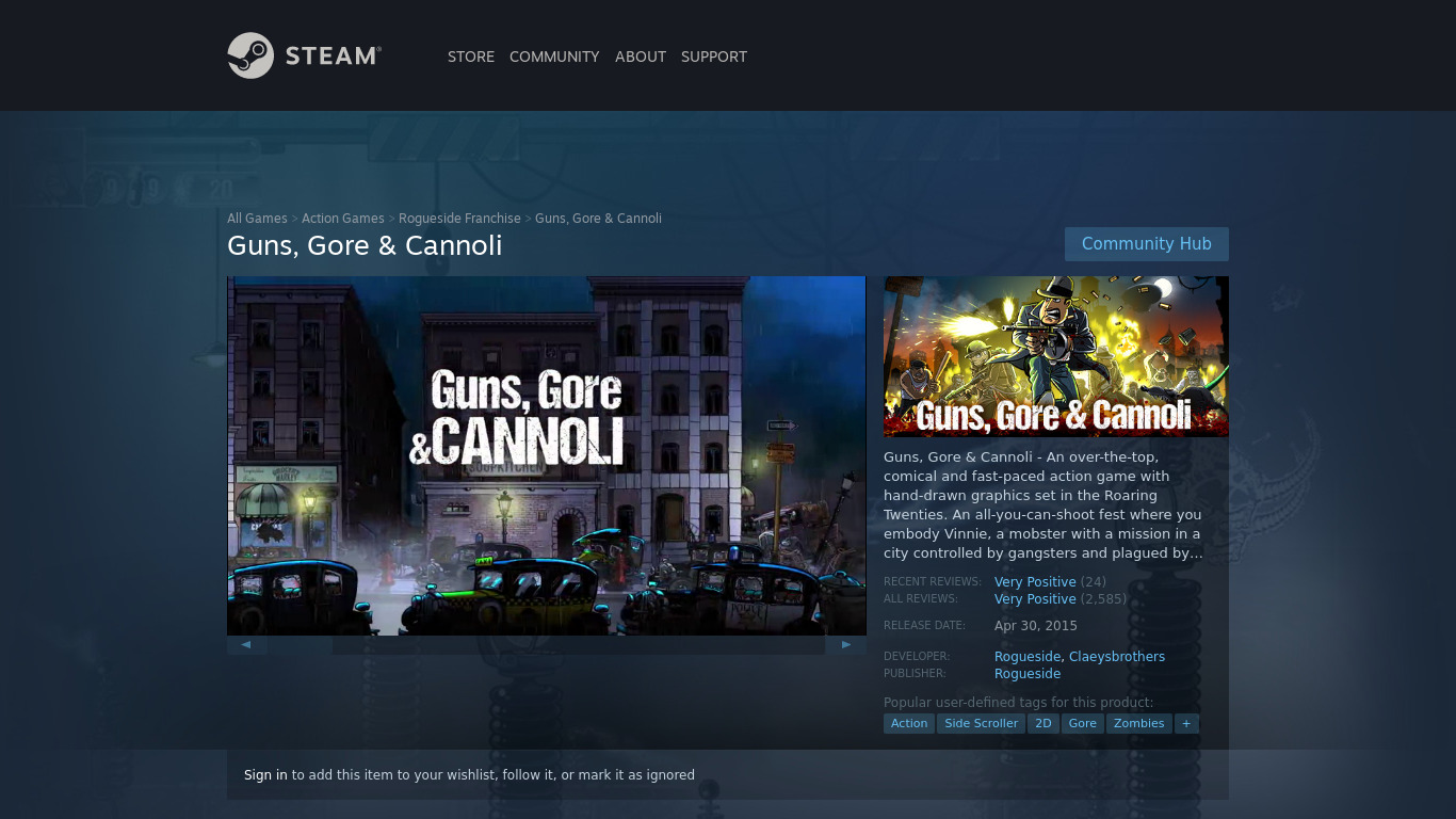 Guns Gore and Cannoli Landing page