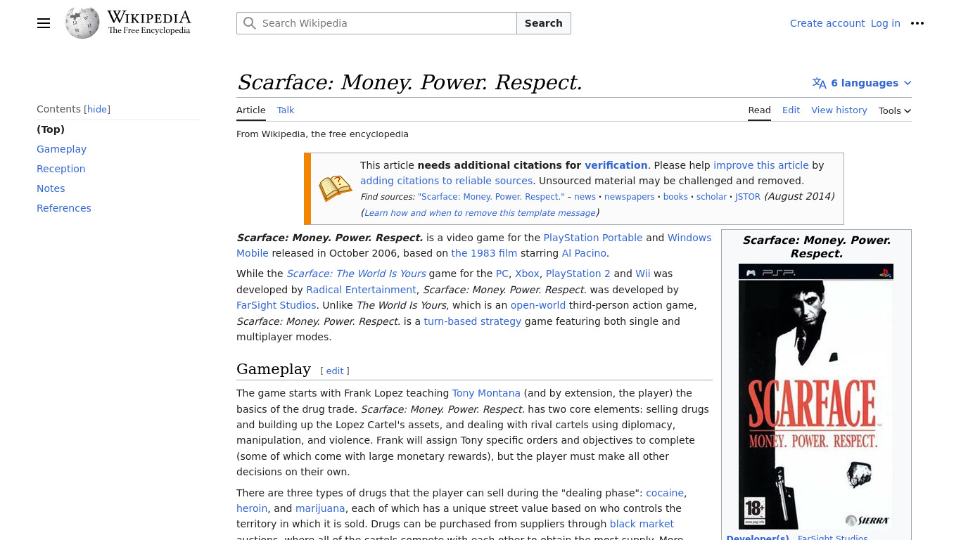 Scarface: Money. Power. Respect. Landing page