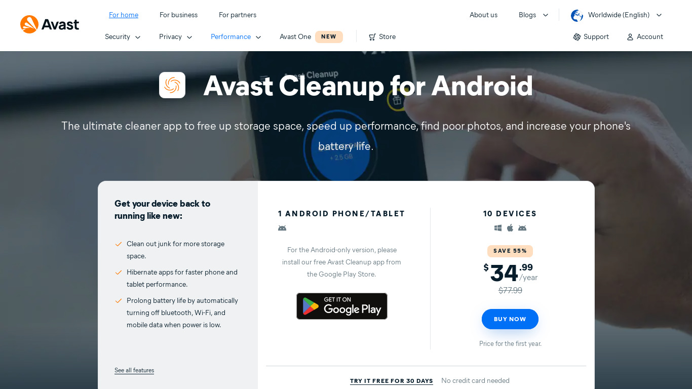 Avast Battery Saver Landing page