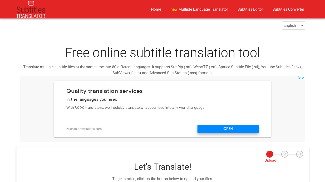 Subtitles Translator Landing page