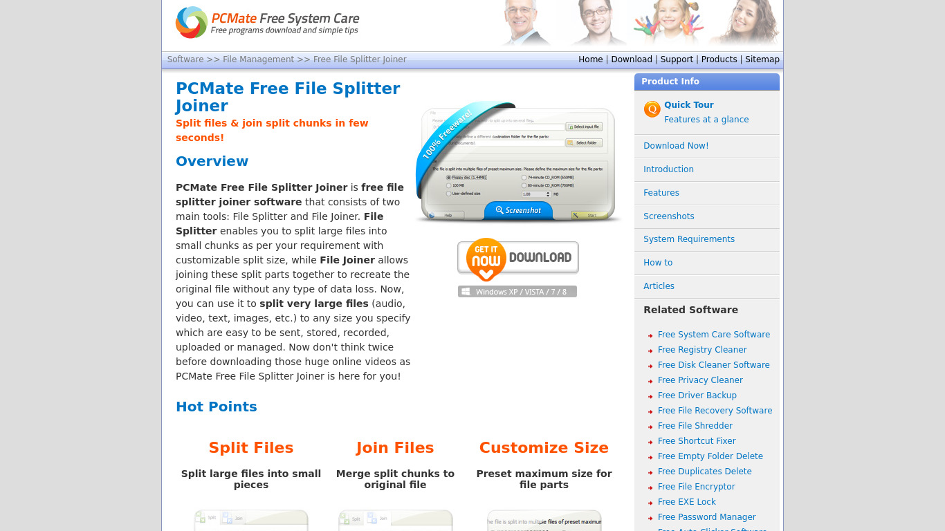 PCMate Free File Splitter Joiner Landing page